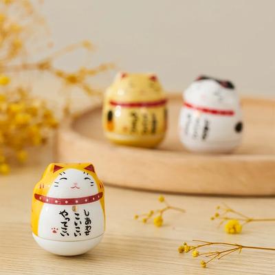 Lovely Handwork Ceramic Lucky Cat Tumbler Feng Shui Desktop Ornament Fortune Cat Statuette Room Decoration Accessories
