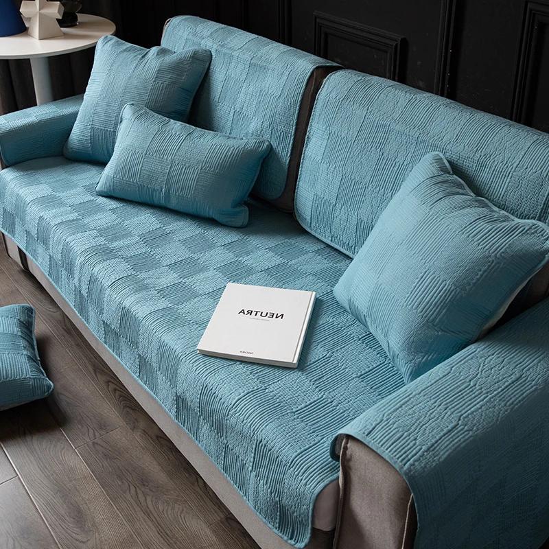 Soft High-end Block Sofa Mat All-season Universal Anti Slip Sofa Cover Living Room Cover Towel Grids Simple Cushion