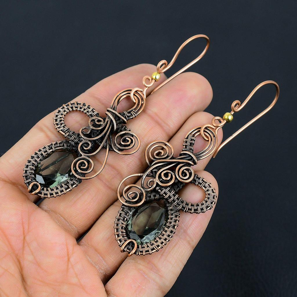 Aqua Apatite Earrings, 999 Copper Wire Wrapped Earrings Handmade Gemstone Jewelry, Gifts For Wife Brand New Earrings