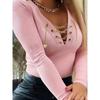 Women's V Neck Long Sleeve Solid Color Metal Chain Lace Up Slim Fit Ribbed Knit Top Casual T Shirt