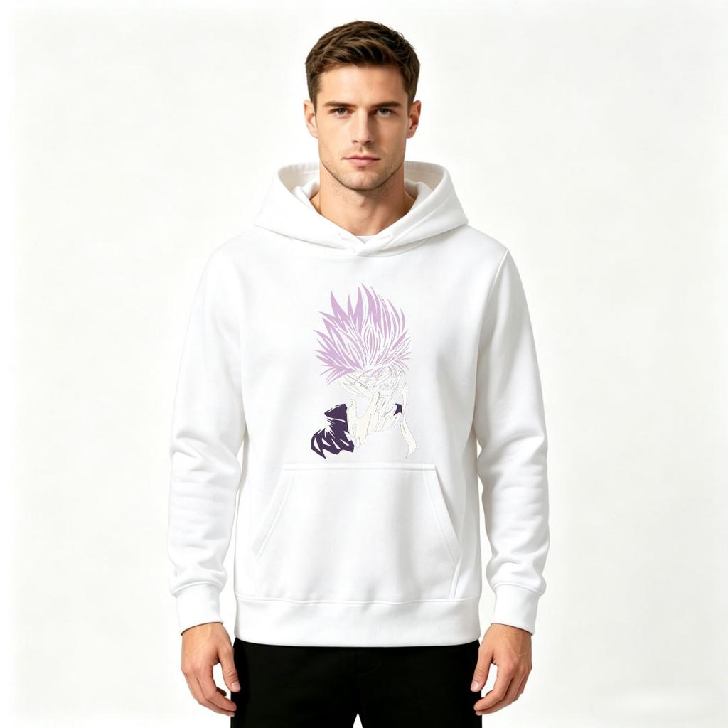 Men's Anime Character Print Pullover Hoodie Casual Long Sleeve Light Purple Graphic Sweatshirt