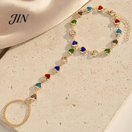 Gold Plated Bracelet Hand Chain with Ring for Women, Colorful Heart Shaped Two-in-one And Faux Crystal Healing Jewelry, Gifts Best Friend Sister Wrist