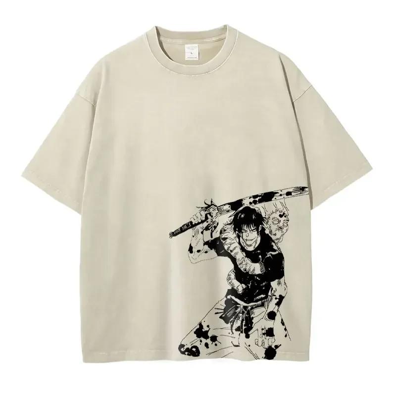 Japanese anime 100% Cotton T-shirt Anime J-Jujutsu K-Kaisen Vintage wash T-shirt Loose plus size short sleeve T-shirt