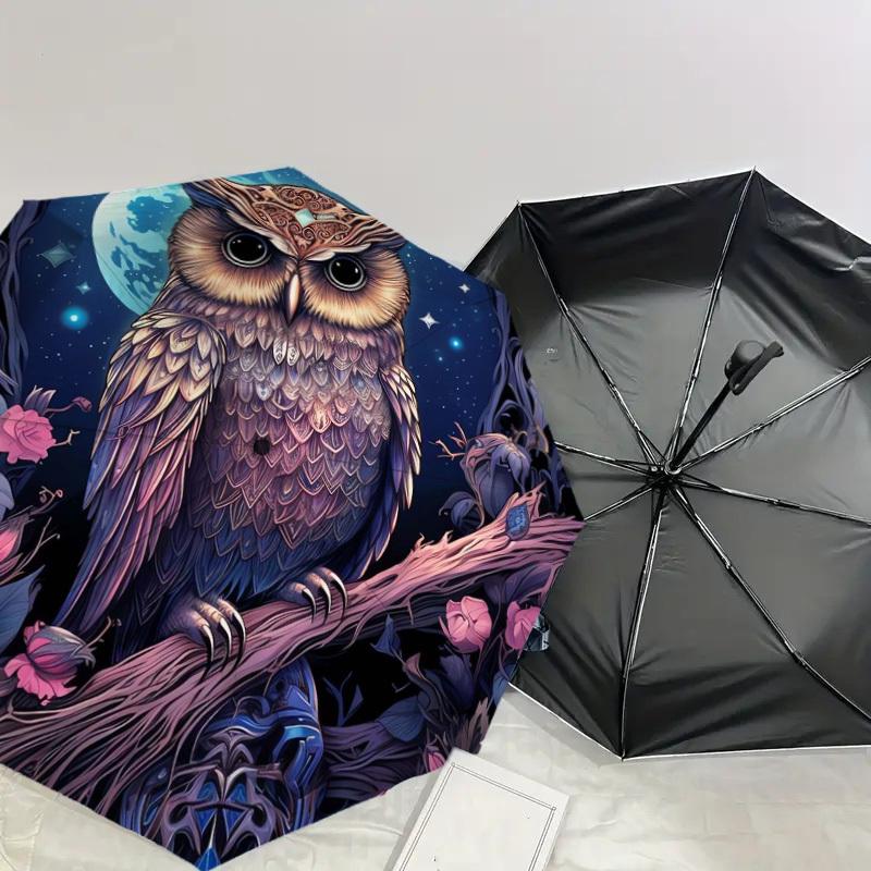1pc Fantasy Night Owl with Moon Umbrella with Plastic Handle,Suitable for All Seasons Home Travel Outdoor UmbrellaDD675