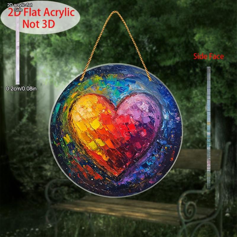 Acrylic Vintage Rainbow Heart Suncatcher in a 2D Flat Design, Ideal for Decorating Walls. This Round Sign Is Perfect for Window Sills, Porches