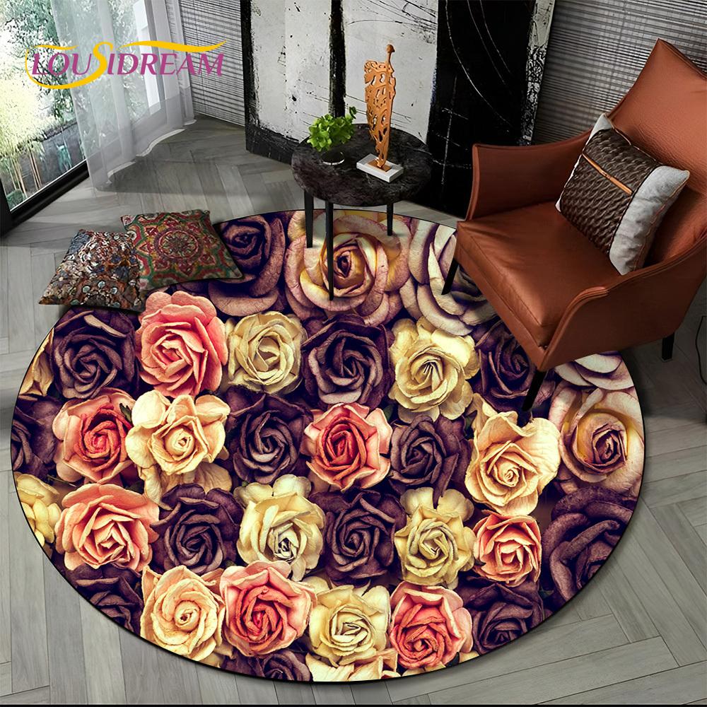 Luxuriöser Sonnenblumen 3D Rosen Nordische Gänseblümchen Runder Teppich Teppich für Wohnzimmer Schlafzimmer Sofa Dekor, Kinderbereich Teppich Rutschfeste Bodenmatte Geschenk