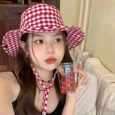 Sweet Plaid Strappy Bucket Hat Summer Versatile Large Brim Sun Protection Hat UV Protection Sun Hat