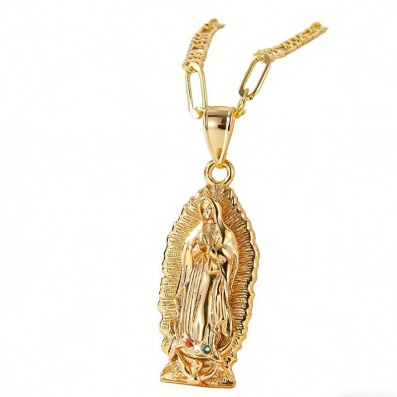 Women s Gold Plated Virgin Mary Pendant Necklace Guadalupe Religious Jewelry Fashion Figaro Chain Clavicle Necklace