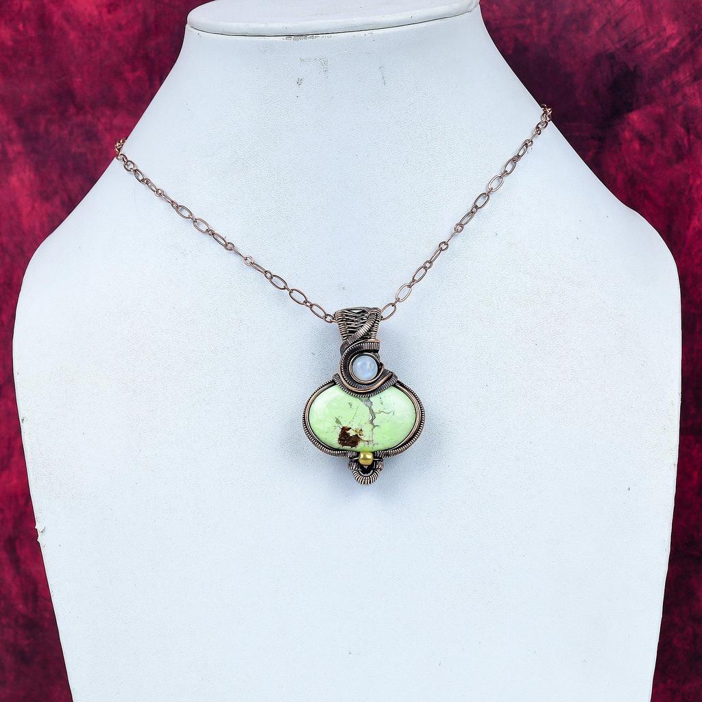Lemon Chrysoprase Pendant Rainbow Moonstone Pendant Copper Wire Wrapped Pendant