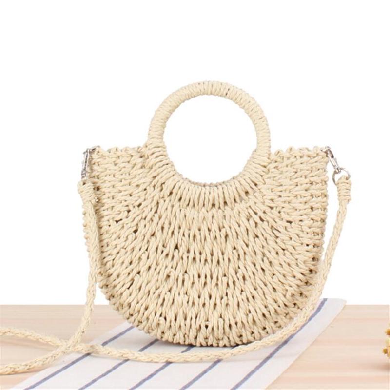 Borsa da spiaggia estiva da donna in paglia intrecciata di rattan semicircolare