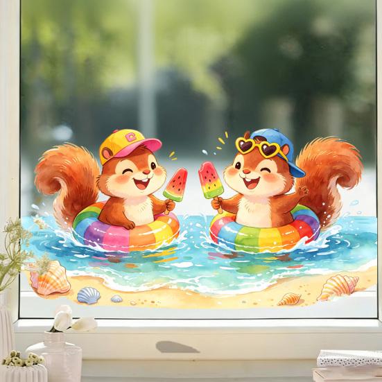 Summer Window Clings Pool Party Theme Cartoon Squirrel Window Decal Removable Static PVC Glass Sticker for Beach Party Supplies Home Office Decor