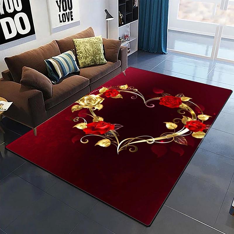 Goldene Rose Blumenteppich Für Zuhause Schlafzimmer Wohnzimmer Sofa Tisch Dekor Weicher Teppich Küchenbodenmatte 3D-Druck Blumenmuster Fußmatte