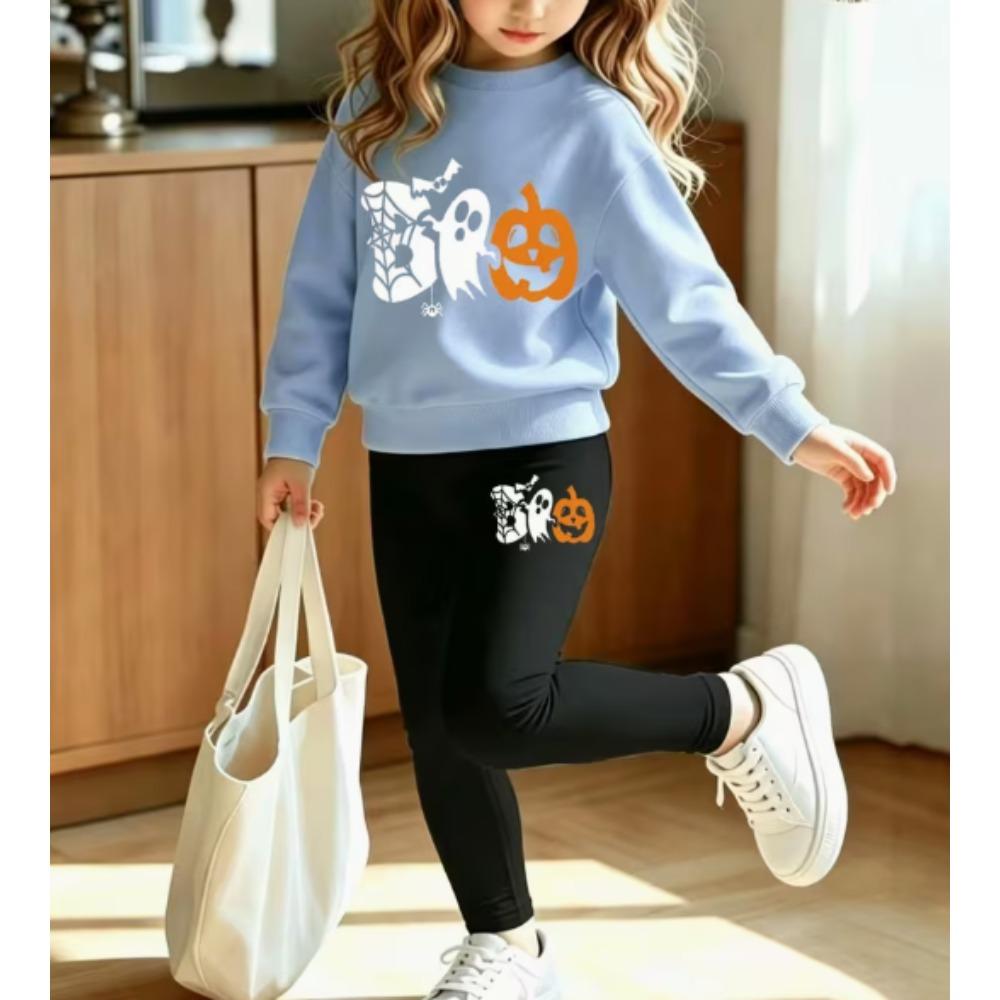 Girls' Halloween Pumpkin Casual Comfortable Soft Loose Pullover Sweatshirt and Leggings 2-Piece Set, New Autumn/Winter, Playful, Sweet and Cool Style