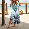 Women Fashion Round Neck Retro Check Printed Short Sleeve Side Slit Dress Casual Vacation Dress Long Loose Dress