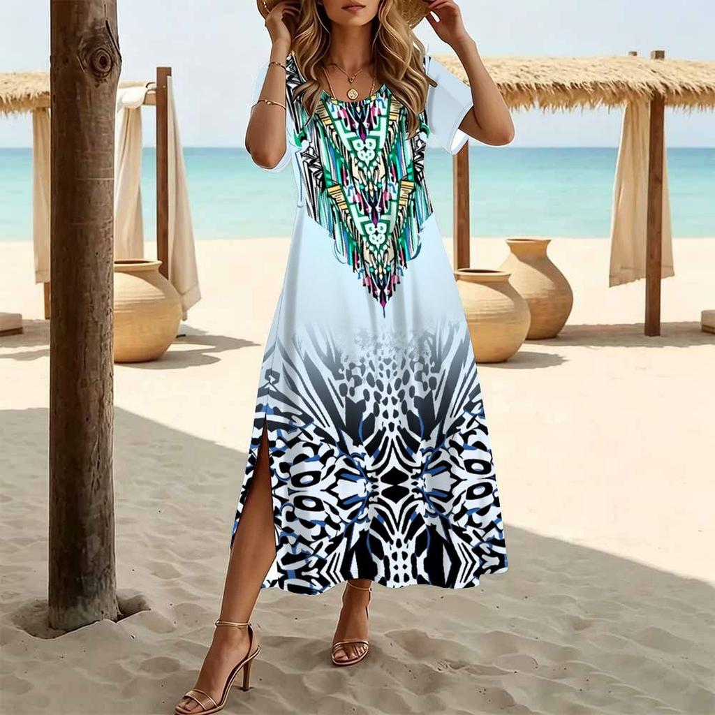 Women Fashion Round Neck Retro Check Printed Short Sleeve Side Slit Dress Casual Vacation Dress Long Loose Dress