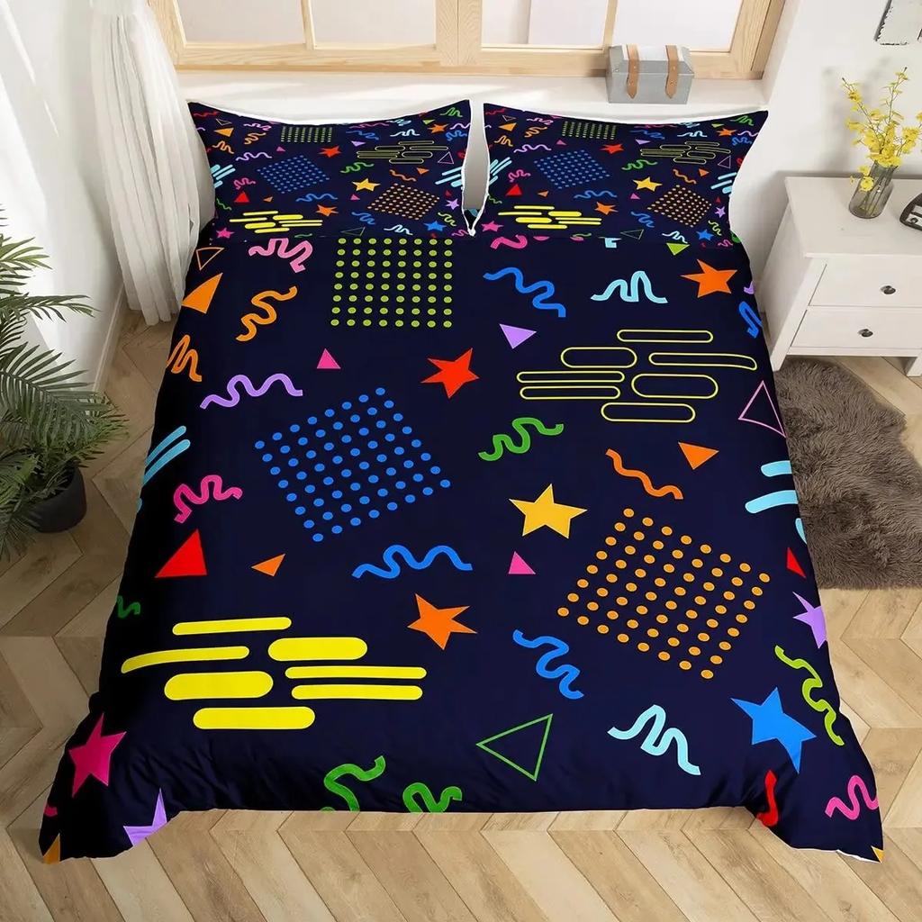 Retro Memphis Style Duvet Cover Set Galaxy Fashion Style Geometric Shapes Bedding Set Full,Hipster Old Fashioned Comforter Cover
