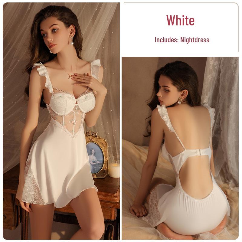 Guiruo Plus Size Deep V Underwire Mesh Camisole Nightgown Set