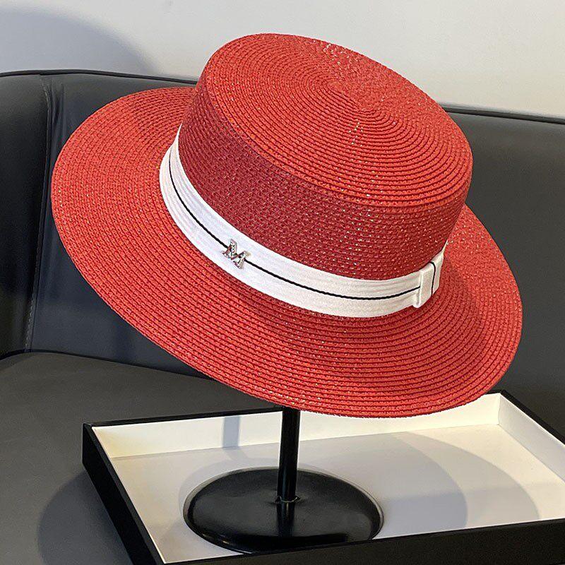 Elegante Cappello Piatto Stile Socialite Francese Intrecciato con Perle Cappello Parasole Estivo da Spiaggia per Donne