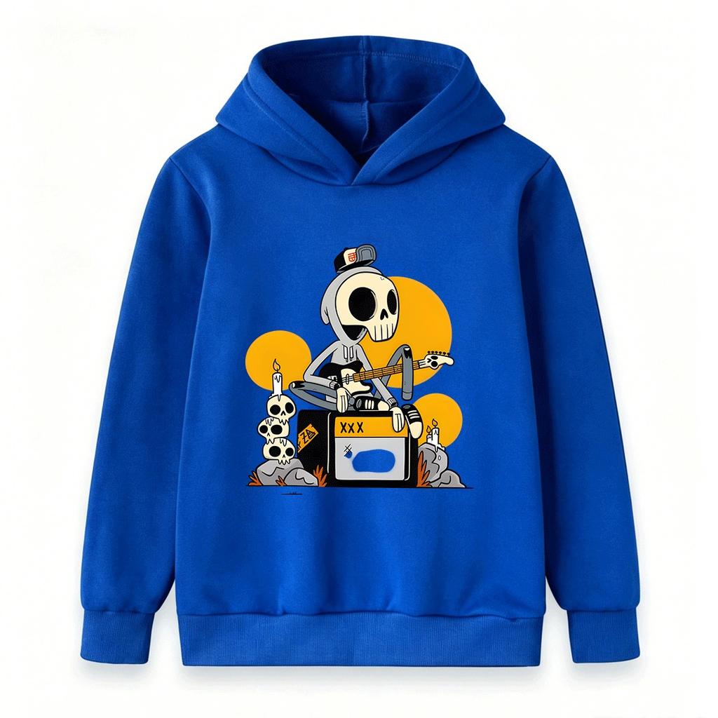 Kids Boys Girls Pullover Hoodie, Cute Skeleton Character Play Electric Guitar Print Casual Hooded Sweatshirt for Daily Wear and Music Lovers, Soft War