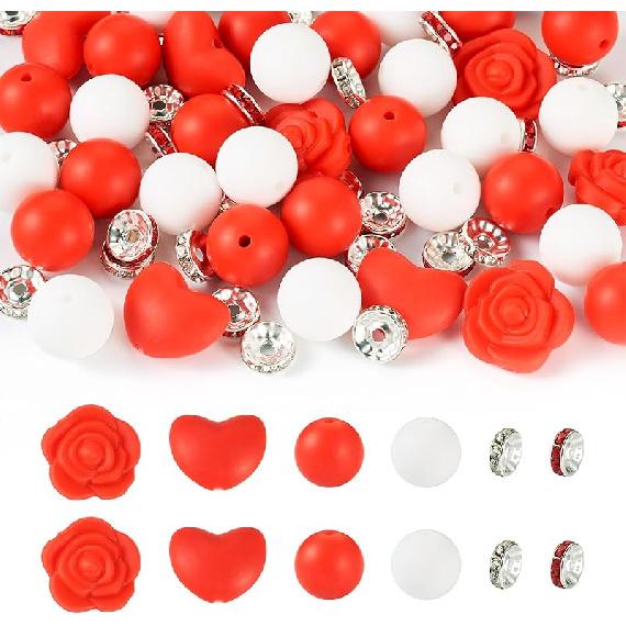 

56Pcs Cute Daisy Flower Silicone Beads 15mm Round Silicone Beads 10mm Flat Round Rondelle Spacer Beads Colorful Rubber Character Beads for DIY Pens Mixed Color-Rose & Heart