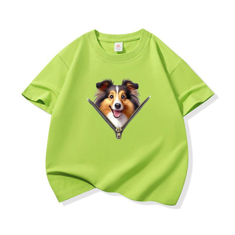 Kids Cotton T Shirt Lovely Sheepdog Zipper Print Crew Neck Short Sleeve Tee Casual Breathable Boys Girls Summer Tops