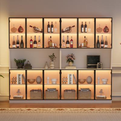 240*34*200cm Display Cabinet, Standing Cabinet with 12 Doors, Open Storage Area, Glass Cabinet with LED, Living Room Cabinet 240 Cm Wide, White