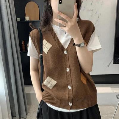 Spring and Autumn Vintage Diamond V-Neck Knitted Vest Cardigan Women Tank  Overlay with Knitted Sweater Sleeveless Vest Female