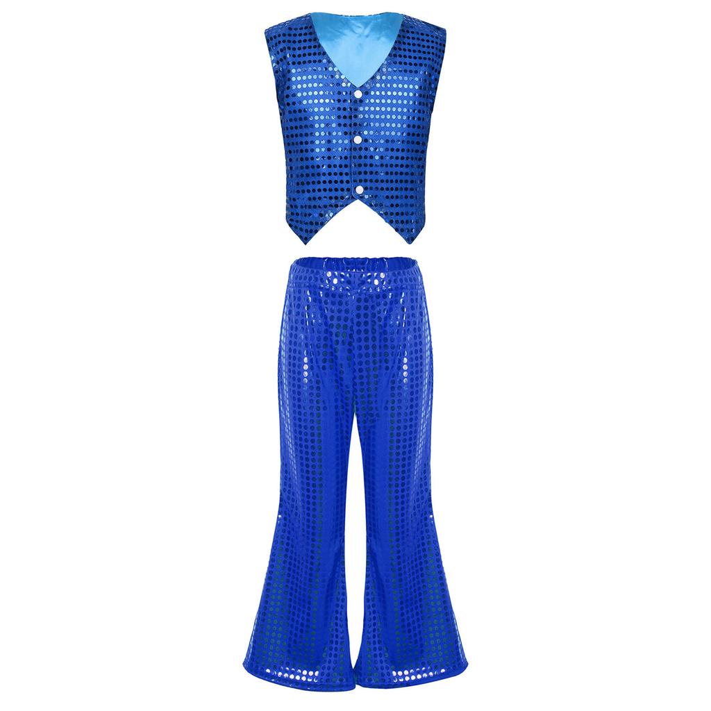 Kids Dance Costume Sparkly Sequined Waistcoat and Flowy Flared Pants Elastic Waistband Party Wear