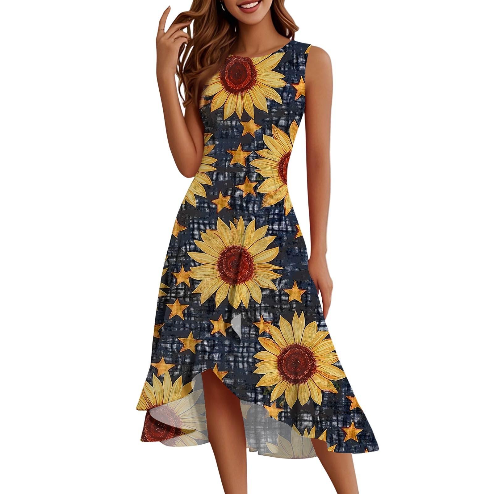 

Women s Fashion Casual Zipper Sleeveless Round Neck Independence Day Elegant Temperament Ruffle Dresses Dresses L жовтий