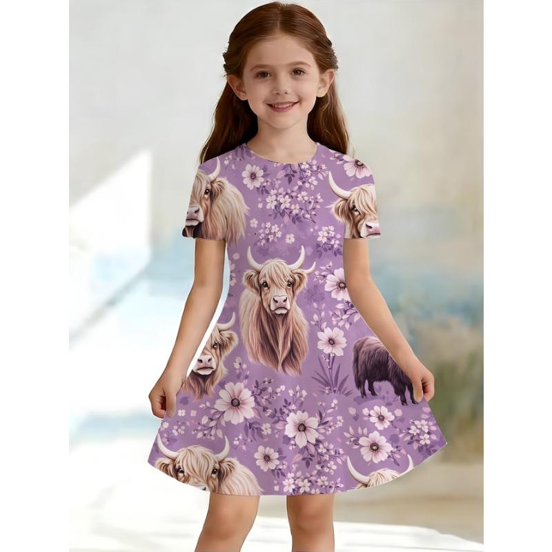 Adorable 3D Butterfly Print Dress for Girls with Vibrant Color Gradients, Glitter Accents, Short Sleeves, 110