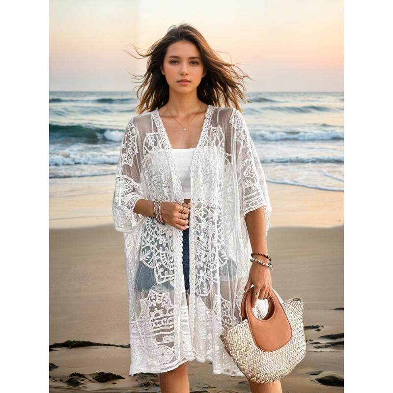 

Плюс Размер Женский Сексуальный Прозрачный Кружевной Вышитый Кардиган Пляжный Бикини Солнцезащитный Халатик One size серый