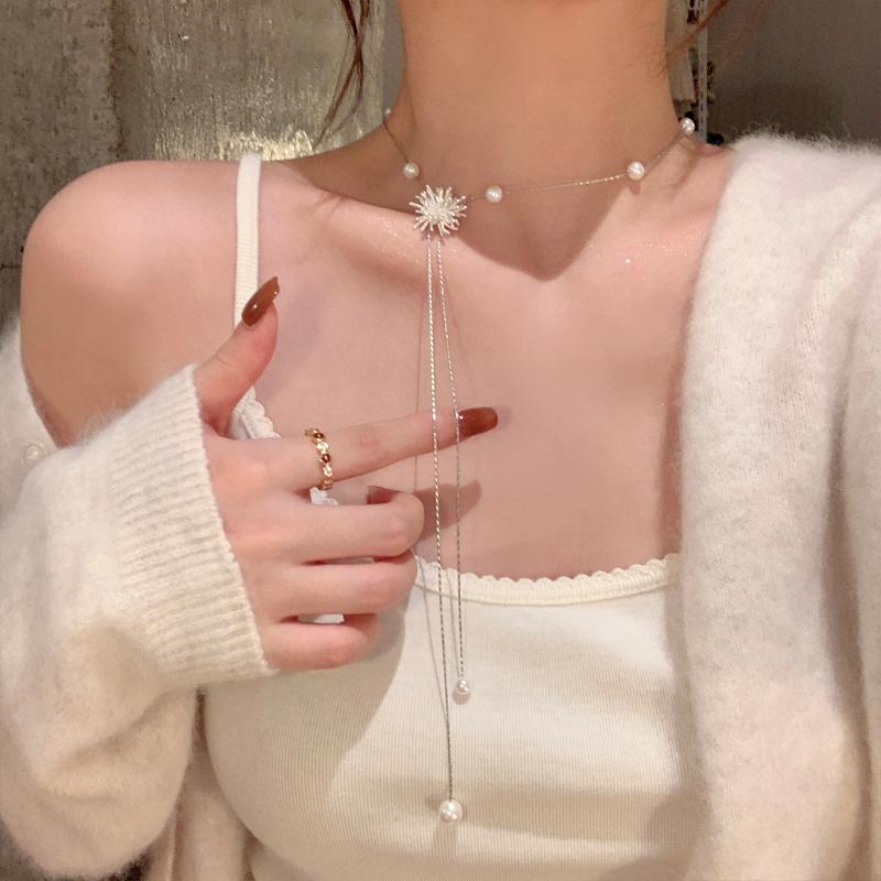 Firework Pearl Pendant Slider Necklace For Women Exquisite Sweet Long Tassel Sweater Chain Vintage Casual Versatile Jewelry Gift