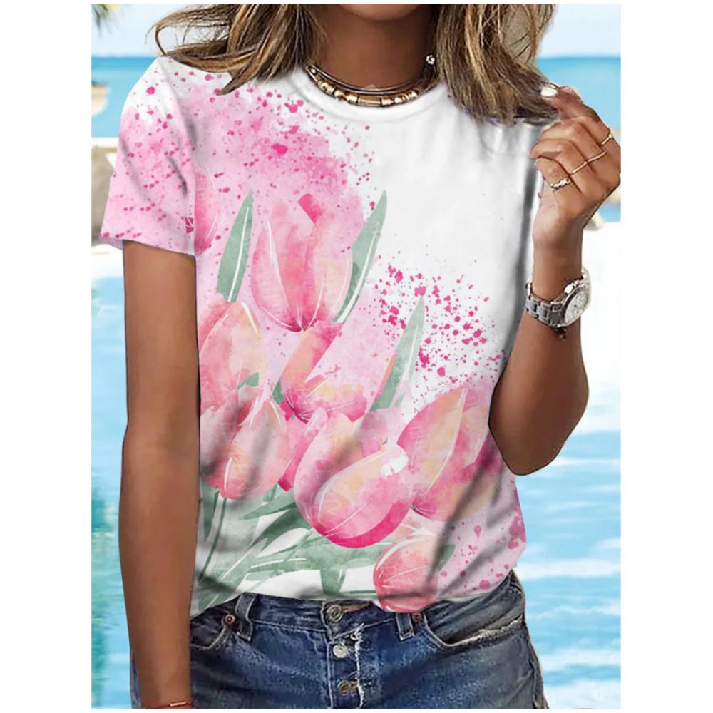 Women's O-neck T Shirt 3D Floral T-shirts Short Sleeve Everyday Tops Female R Y2K Tee T-Shirt