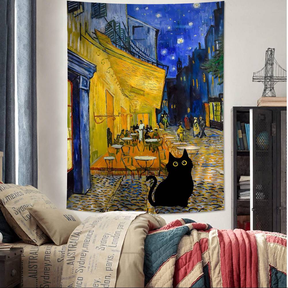 

Black Cat Van Gogh Hippie Wall Hanging Tapestries Bohemian Wall Tapestries Mandala INS Home Decor 74x94cm(29x37in)