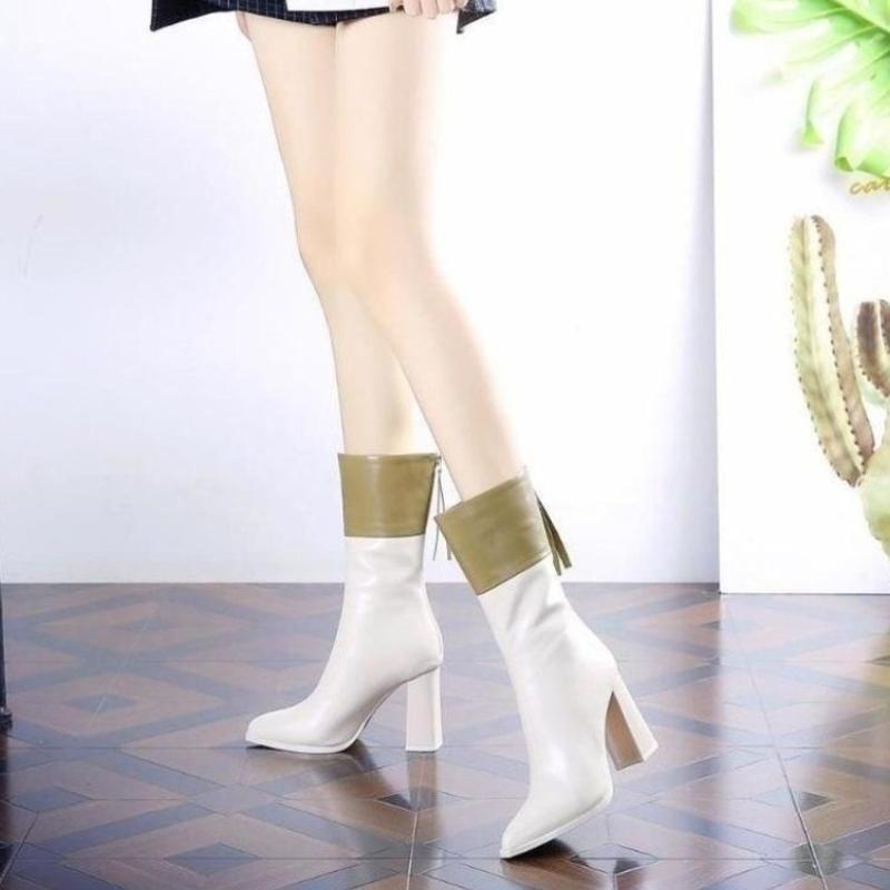 Fashion Color Blocking Pointed Toe Women's Half High Boots Elegant Heeled Leather Ladies Mid Calf Shoes Autumn Winter 2025 New Chic Boot
