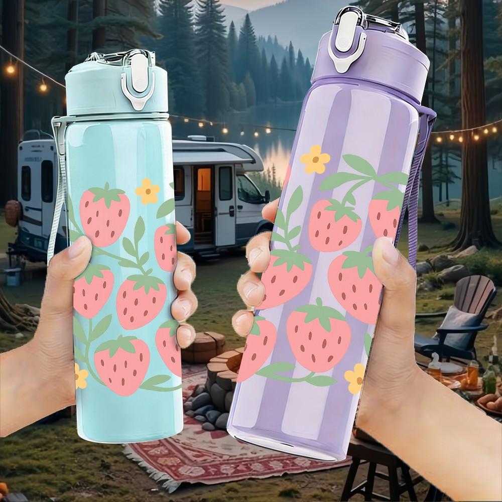 1PC Fresh Strawberry Floral Pattern 750ml Color Plastic Sports Water Bottle Leakproof Flip Straw Lid Suitable for Sports Office Home Use