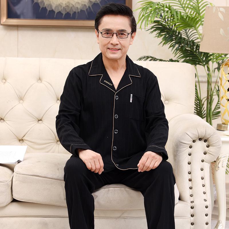 Men's Plus Size Cotton Pajama Set - Long-Sleeved, Ideal for Middle-Aged & Elderly, Spring to Winter Wear