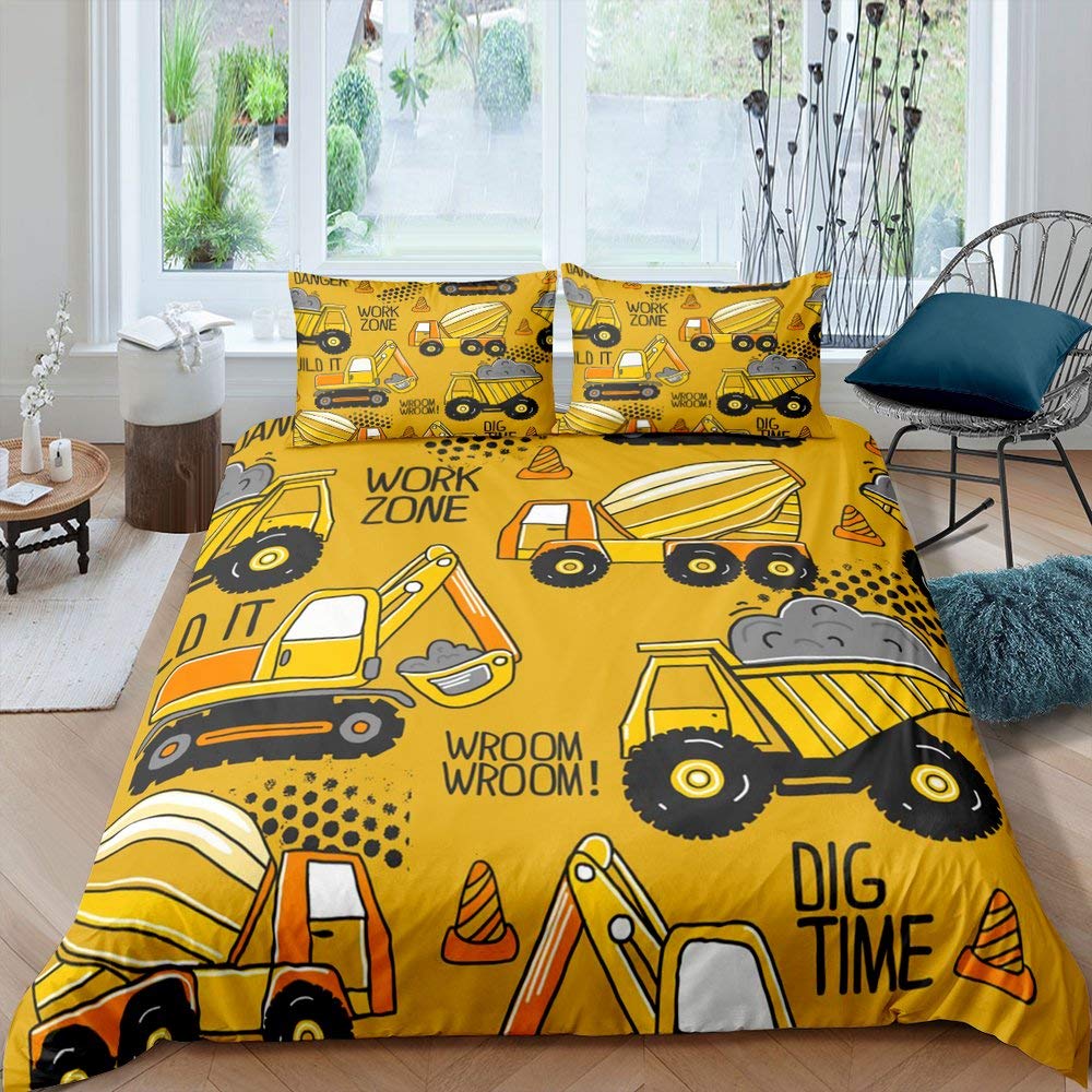 Excavator Duvet Cover Set Microfiber Tractor Truck Comforter Cover Twin Construction Vehicle Cartoon Bedding Set For Boys Teens