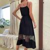 Women Summer Straps Sleeveless Black Lace Panel Solid Color Loose Chic Dress