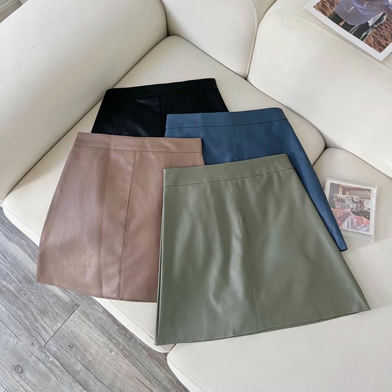 Women's Green PU Leather High Waist A-line Mini Skirt - Autumn/Winter Petite Fashion