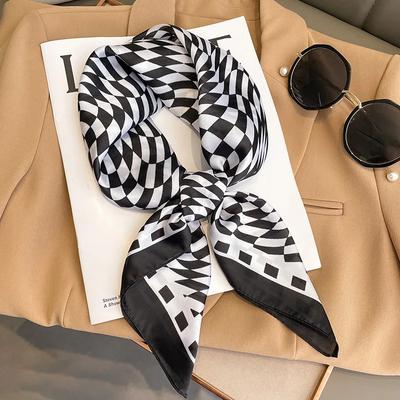 Classic Black White Plaid Print Silk Square Scarf Women Soft Satin Hairband Kerchief Neckerchief Lady Headband Foulard Bag Ties