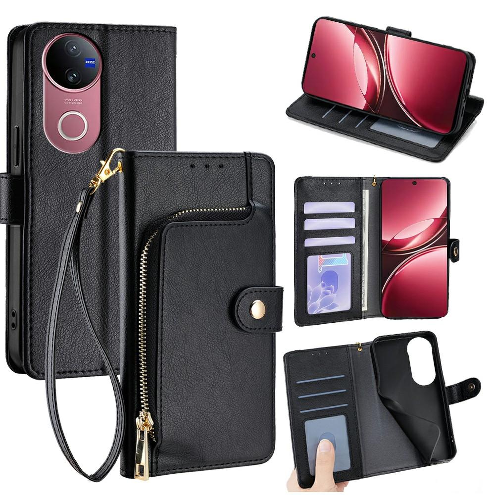 

For vivo V50 5G Case Zipper Pocket PU Leather Wallet Flip Phone Cover Black