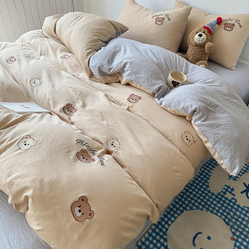 New bed four-piece set cartoon embroidery design student dormitory bed sheet quilt cover three-piece set machine washable