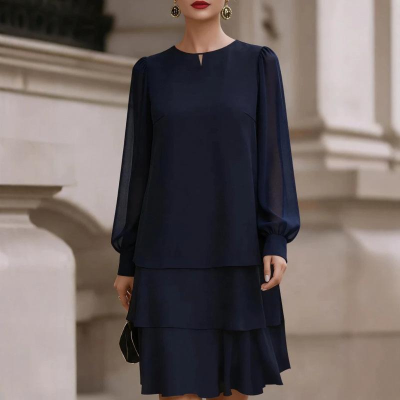 Women's Puff Sleeve Round Neck Dress for Elegant Casual Wear