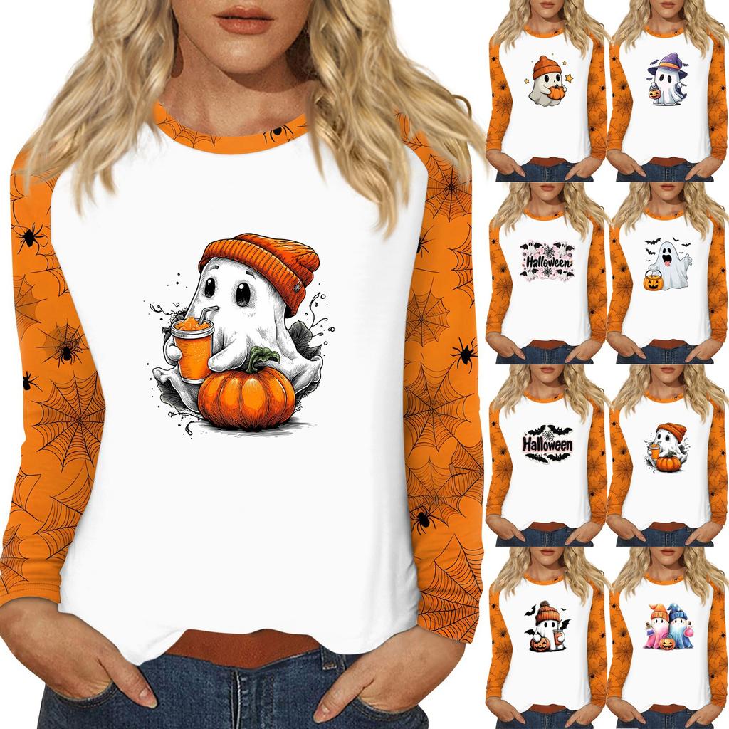 Women's T Shirt Halloween Print Long Sleeve Daily Fashion Basic Round Neck Raglan Sleeve Top