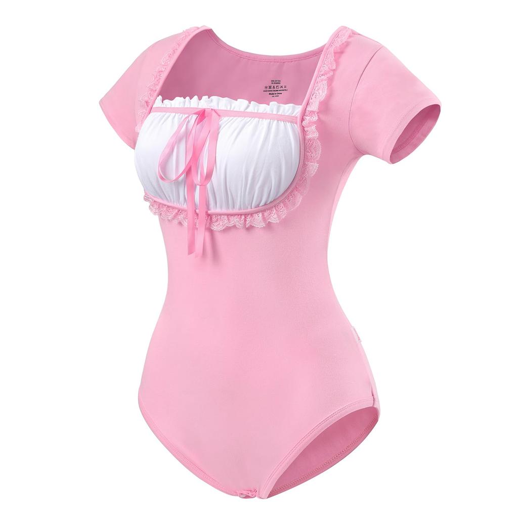 LittleForBig Adult Romper [Classic Lolita] Cotton Pajamas with Ribbon Bow, Bodysuit, Pink, Size L