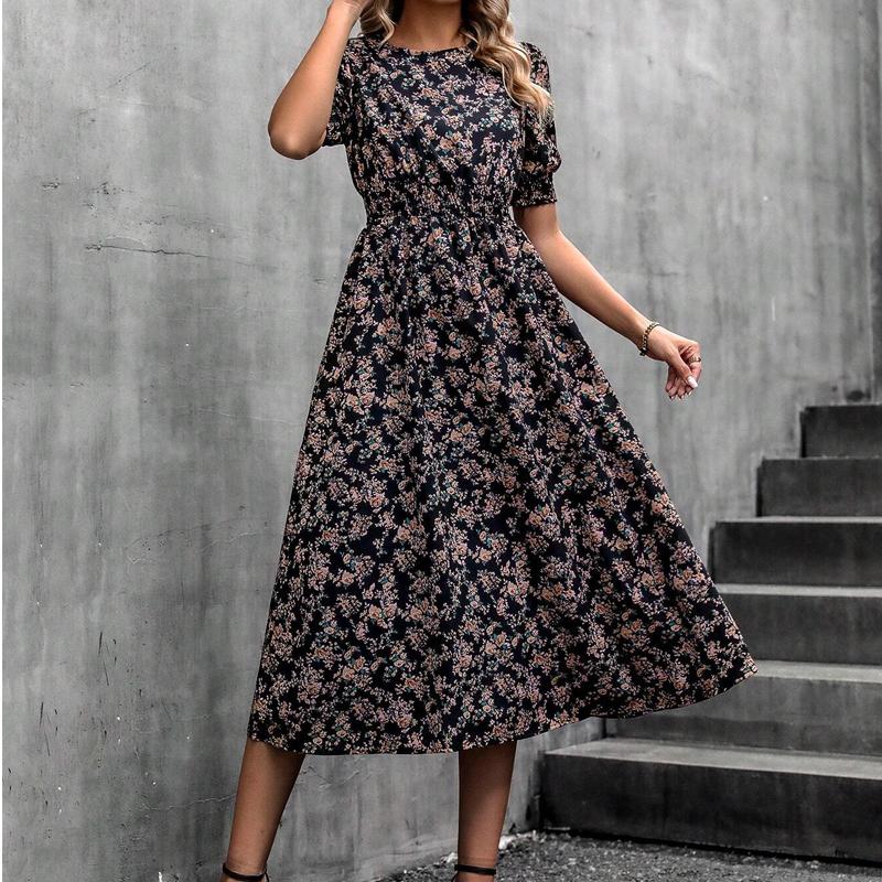 

Летнее повседневное платье с круглым вырезом и цветочным принтом, новое свободное платье-фонарик с коротким рукавом, модное платье-трапеция для вечеринок, простое женское праздничное платье, одежда 2813 XXL чёрный