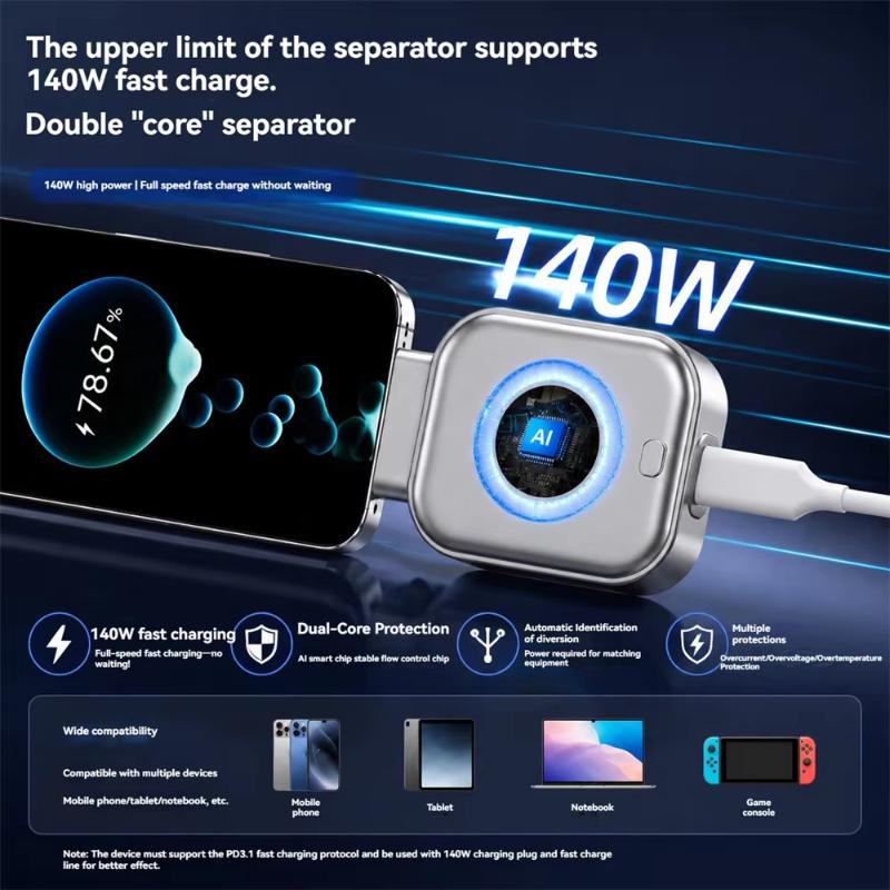 New Portable Intelligent Full Charge Separator Adapter Auto Power-Off Safe Overnight Stay 140W Type-C Fast Charging Converter 4