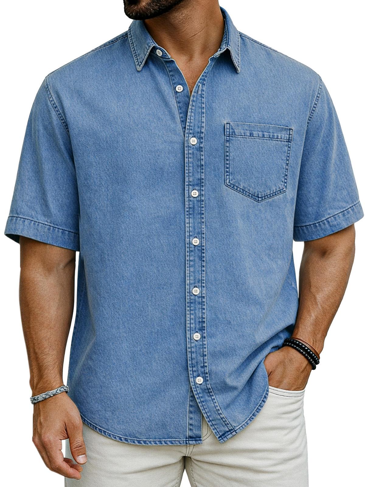 Men S Short Sleeve Casual Solid Color Denim Style Summer Shirt S синий