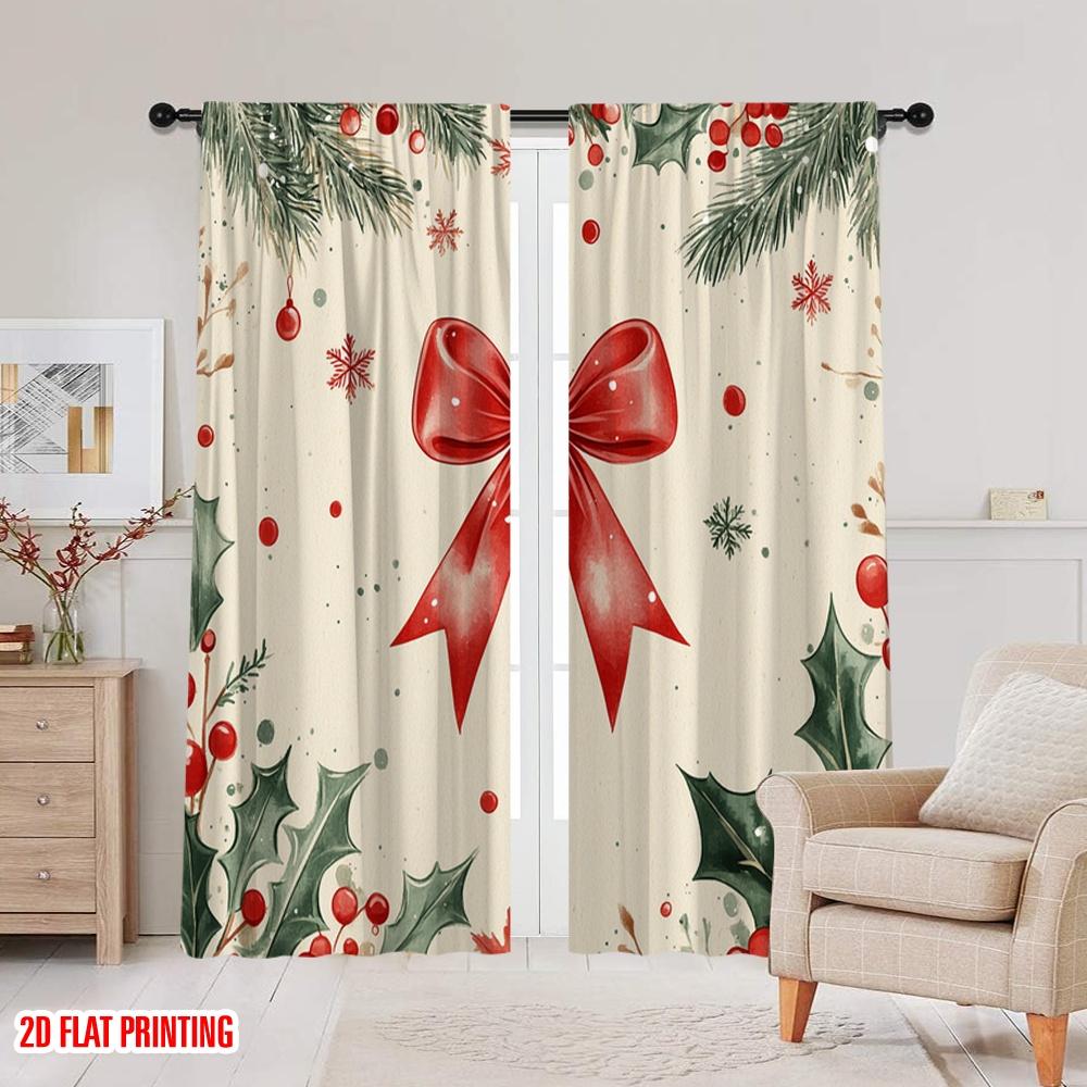 2pcs,2D plane printing Pattern Curtains Christmas Ornaments Red Bow Watercolor (3) Polyester Fabric (without rod) Holiday Ldeal